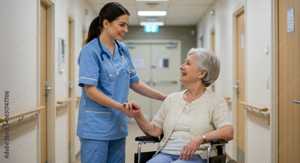 Obraz premium Compassion in Care – Nurse Assisting Elderly Woman in Wheelchair at Healthcare Facility