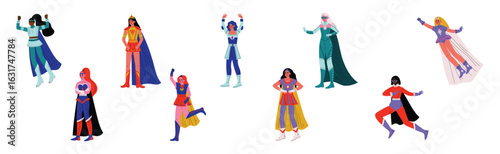 Strong Girl in Heroine Costume with Cloak Vector Set