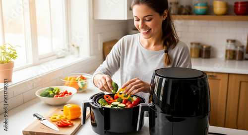 Meal prepping with a modern kitchen appliance: a smiling woman fills an air fryer with fresh, colorful vegetables
