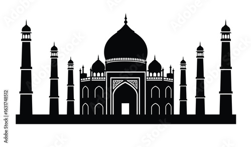 Iconic taj mahal silhouette in black and white showcasing its grand architecture and minarets against a white background