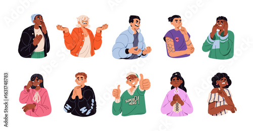 People with different facial expressions set. Portraits with negative and positive emotions. Happy, sad, angry, thinking, crying, shocked, scared characters. Flat isolated vector illustration on white