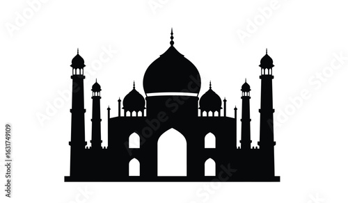 Iconic silhouette of the taj mahal monument a famous white marble mausoleum on the south bank of the yamuna river in agra india