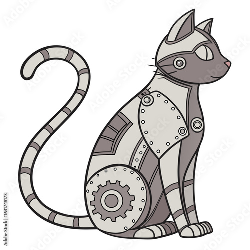 Illustration of a steampunk cat isolated on white background in cartoon style