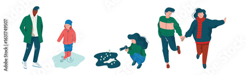 People Character Walking in Spring Park Enjoying Warm Season Vector Set