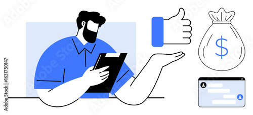Man holding clipboard, thumbs-up icon, money bag, chat interface. Ideal for finance, approval process, decision-making, teamwork, productivity project management simple landing page