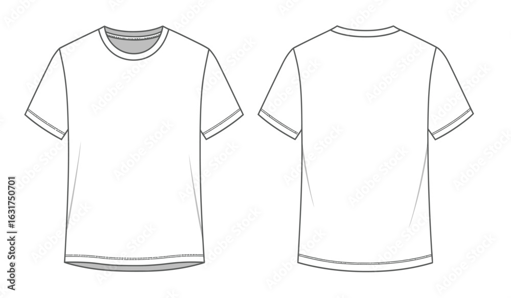 Fototapeta premium Front and back view of a blank white t shirt sketch with a simple crew neck and short sleeves on a white background