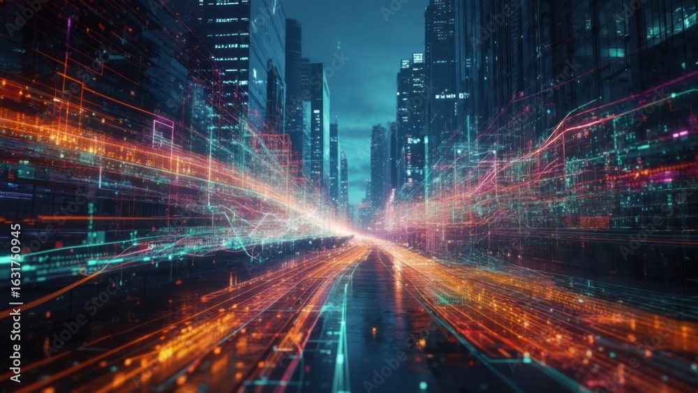 Naklejka premium Futuristic city street at night (1)