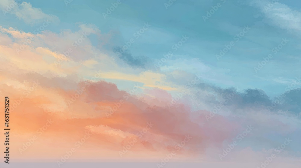 Fototapeta premium Sky Serenity: A breathtaking panorama of pastel-colored clouds fills the frame. The soft hues of the sky blend together, offering a sense of tranquility and the dreamlike quality.