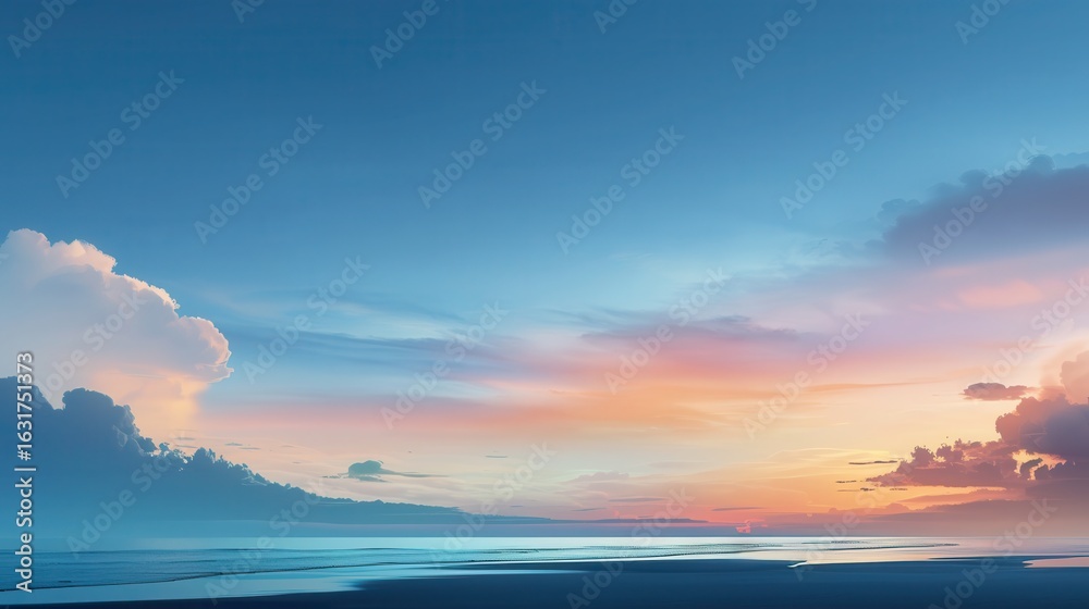 Obraz premium Sky Serenity: An ethereal view of a tranquil seascape at dusk. The sky is a canvas of soft colors, with clouds and sea blending into a mesmerizing composition.