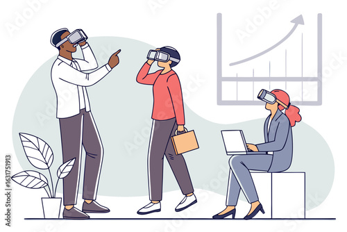 Team collaborating in virtual reality with growth chart