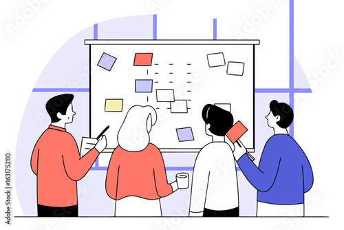 Team collaborating on a project board with sticky notes