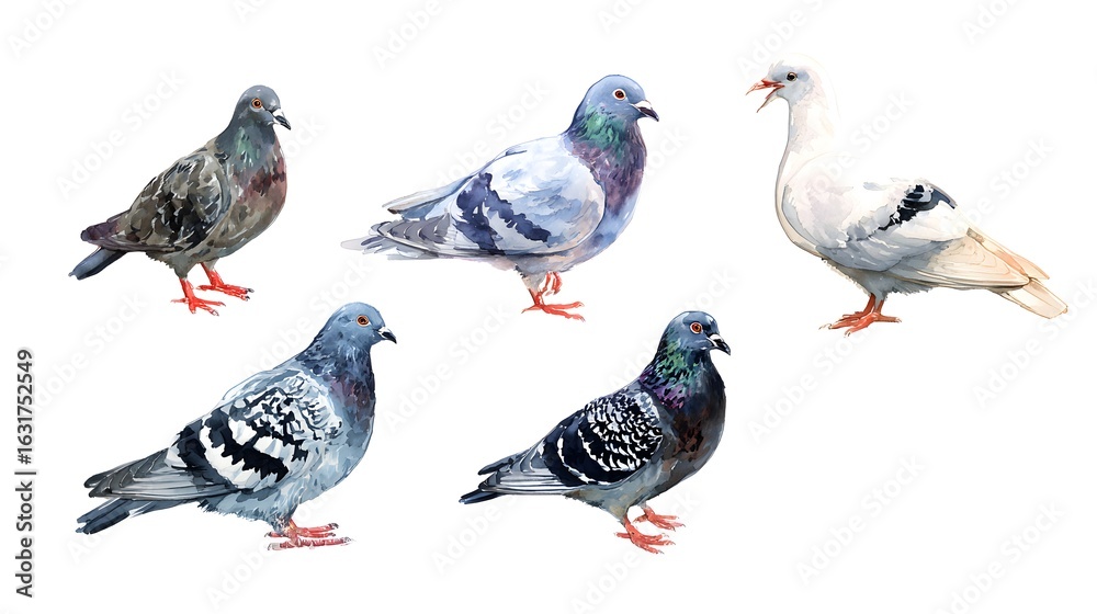 Fototapeta premium Watercolor painting. Set of pigeons on white background.