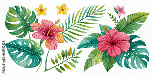 Tropical Paradise with Hibiscus and Monstera Leaves