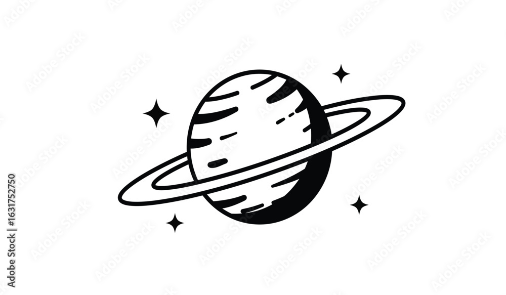 Obraz premium Whimsical hand drawn illustration of a ringed planet with stars in a simple black and white doodle style for a cosmic theme