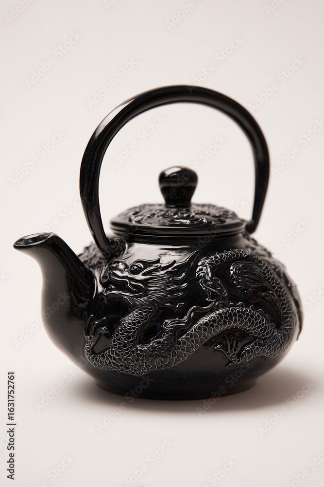 Photorealistic close-up of a ceramic teapot with etched dragon motifs Photorealistic close-up of a ceramic teapot with etched dragon motifs