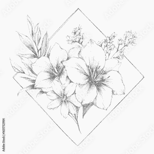 Tattoo style, flowers in a rhombus. Faded grain overlay, visible dust marks and a gritty texture.