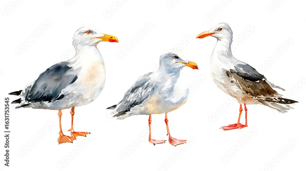 Obraz premium Watercolor illustration of an isolated standing seagull and seagull with stretched wings on a white background. Painting of a sea bird - seagull set