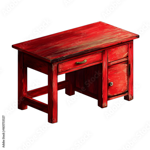 Photorealistic red wooden desk with drawer, isolated on the transparent background