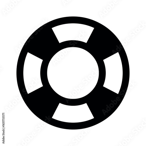 Illustration of a black and white life preserver with a circular center and blocky white sections around it