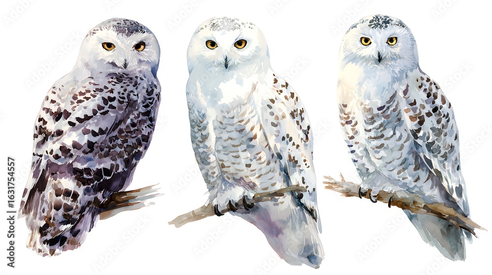 Fototapeta premium White polar owl-watercolor illustration isolated on white background. Cute cartoon stylized animal character, handmade clipart. Illustration for clothes, stickers, baby shower, greeting cards, prints