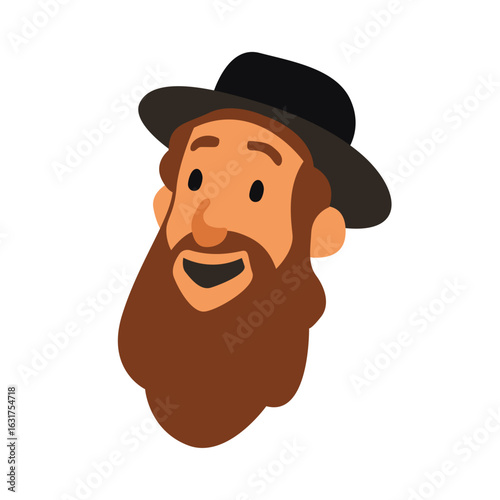 Jewish orthodox smiling man face in cartoon style. Jewish man wearing traditional hat and kippah. Jewish man celebrates Sukkot, Simchat Torah and Simchat Beis HaShoeivah