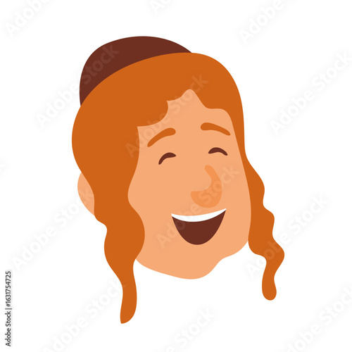 Jewish orthodox smiling man face in cartoon style. Jewish man wearing traditional hat and kippah. Jewish man celebrates Sukkot, Simchat Torah and Simchat Beis HaShoeivah