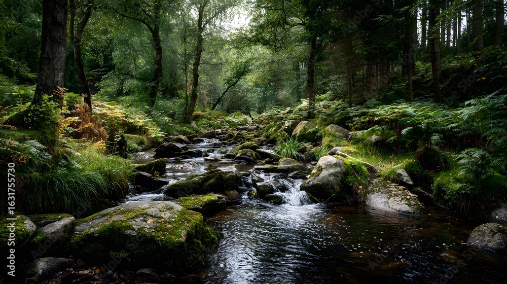 Peaceful Forest Stream with Moss-Covered Rocks and Lush Greenery
Peaceful Forest Stream with Moss-Covered Rocks and Lush Greenery