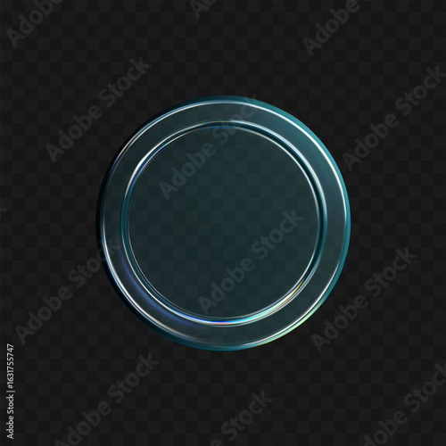 3D transparent glass coin icon with holographic and iridescent effect. Render of flying glass coin for digital currency, casino chip, reward medal, or futuristic UI element. 3D vector illustration