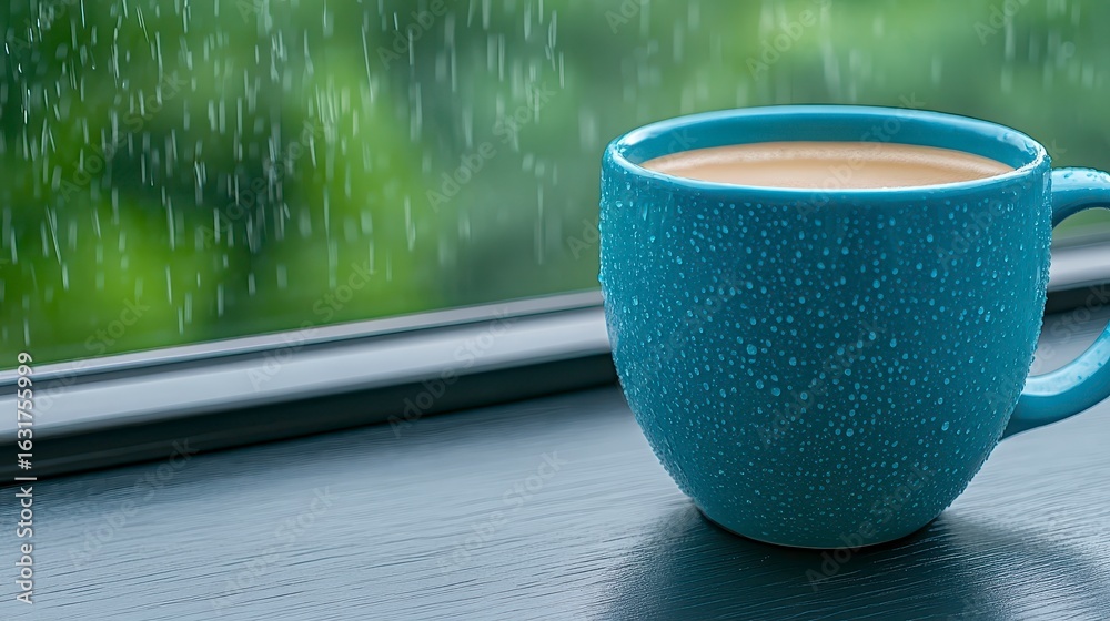 Fototapeta premium Teal Coffee Mug On Windowsill During Rainy Day