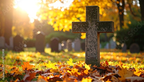 Stone cross in a cemetery at sunset, autumn leaves surround it. Graves are blurred in background