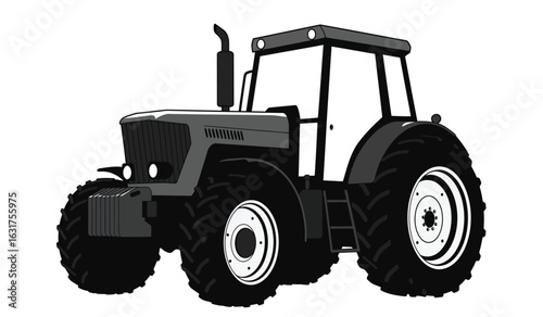 Modern agricultural tractor with large tires and enclosed cab in a simple illustration style isolated on a white background