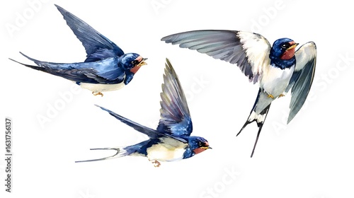 Watercolor swallow bird. Flying bright bird isolated on white background. Hand painted illustration.
