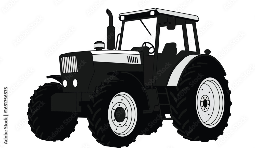 Naklejka premium A detailed black and white illustration of a powerful modern farm tractor with large tires and a cabin on a white background