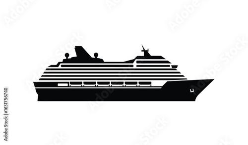 Stylized silhouette of a large modern cruise ship sailing on the open ocean under a clear sky