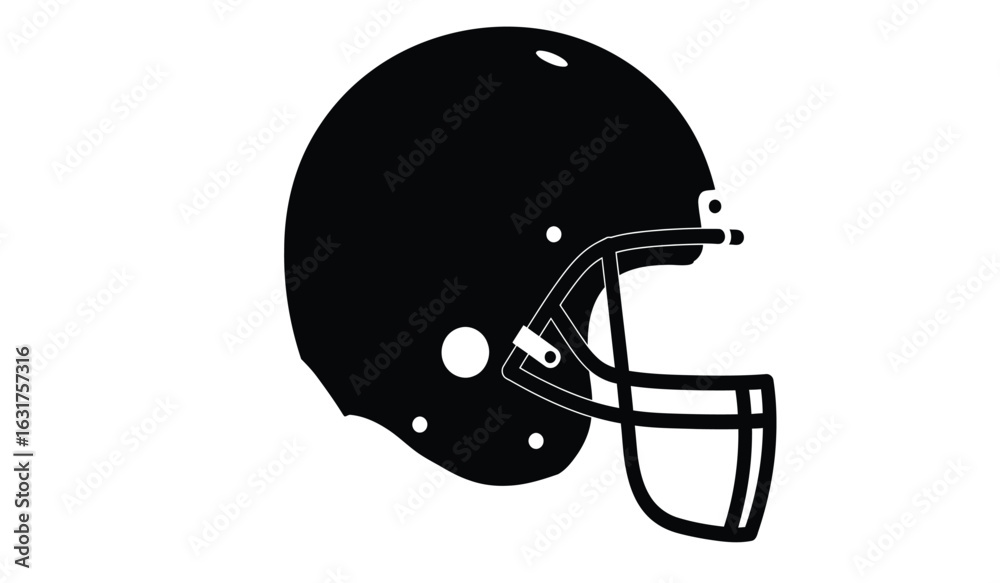 Naklejka premium Classic black american football helmet with protective face mask viewed from the side against a white background