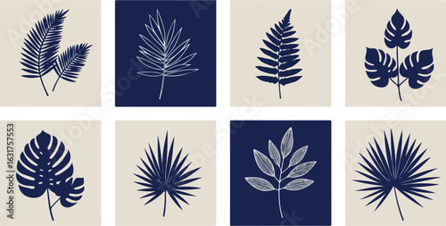 Collection of navy blue tropical leaf illustrations on beige and blue backgrounds