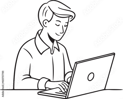 Focused man working on a laptop line art