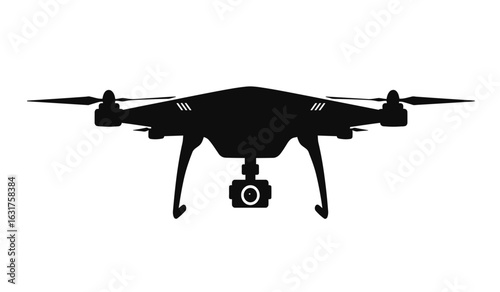 Silhouette of a modern quadcopter drone with a camera suspended beneath it against a stark white background