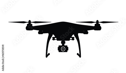 Silhouette of a modern quadcopter drone with camera suspended from its body against a stark white background