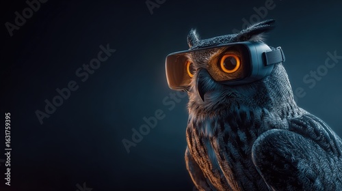 An intelligent and mysterious owl wearing a futuristic VR headset, with glowing orange eyes, is placed under professional studio lighting against a minimalist dark background.