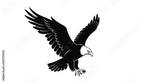 Soaring Eagle Silhouette: A majestic eagle, depicted in a stark black and white silhouette, its wings powerfully outstretched as it soars through the open sky. 