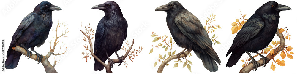 Fototapeta premium Four stylized ravens perched on branches, showcasing variations in color and detail.