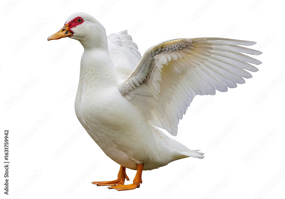Fototapeta premium A white duck with wings spread, standing on a transparent background, showcasing its feathers and orange beak, a common farm bird