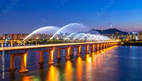 Wallpaper Mural Banpo Bridge Moonlight Rainbow Fountain and Seoul Skyline at Dusk, South Korea Torontodigital.ca
