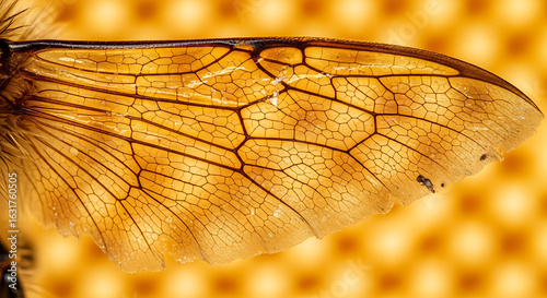 Detailed view of a bee wing showcasing intricate patterns and textures
