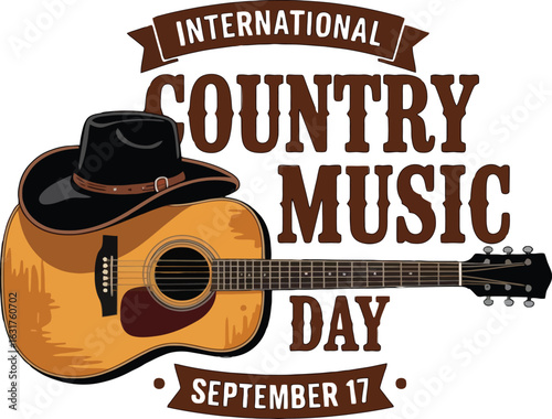 Acoustic guitar with cowboy hat and International Country Music Day text vector