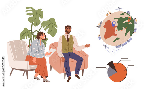 Two coworkers engaged in discussion while seated, globe with map pins and transportation routes, and pie chart. Ideal for teamwork, discussion, global communication, data analysis, travel planning