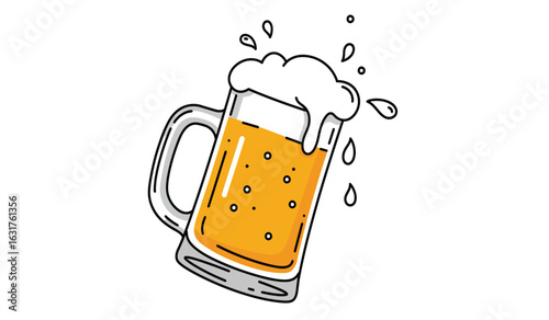 Foamy Brew: Capturing the essence of a refreshing brew, this illustration showcases a frothy beer mug overflowing with golden liquid, enticing visual with bubbly texture.