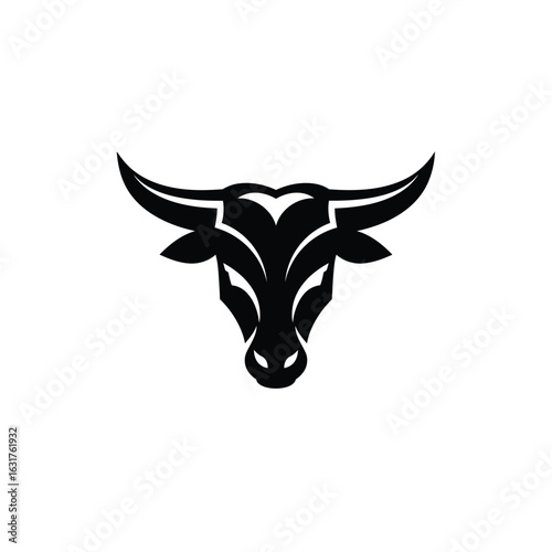 Powerful silhouette of a bull s head with large horns facing forward on a clean white background representing strength and determination