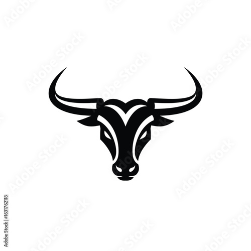 Powerful silhouette of a bull s head with large horns facing forward on a clean white background representing strength and determination